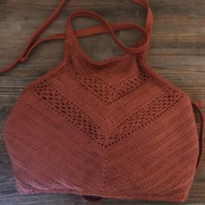 Burgundy red swim top with knit detailing